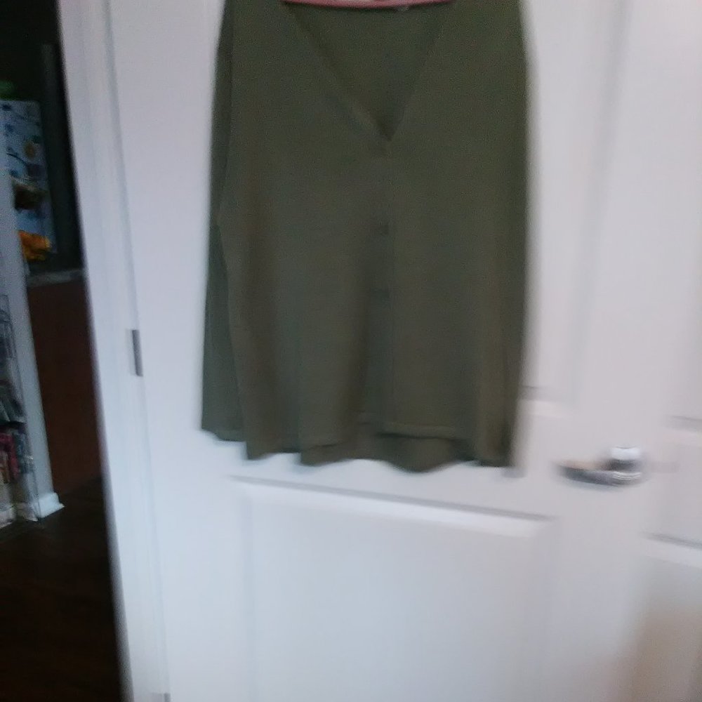 Olive green button up front long sleeve cardigan.